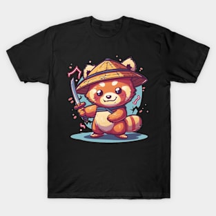 Cute Samurai Red Panda with sword and electric T-Shirt